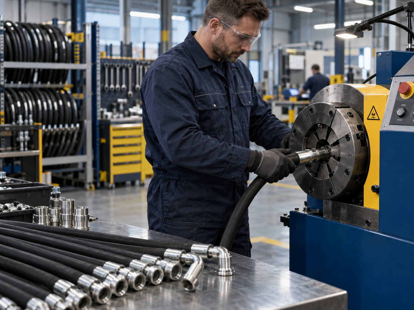 Technician assembling a hydraulic hose in the Maxflow workshop